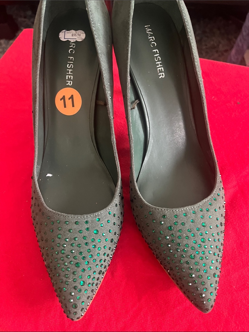 Marc Fisher Women's Green Pointed Toe Pumps with Green Crystal Accents